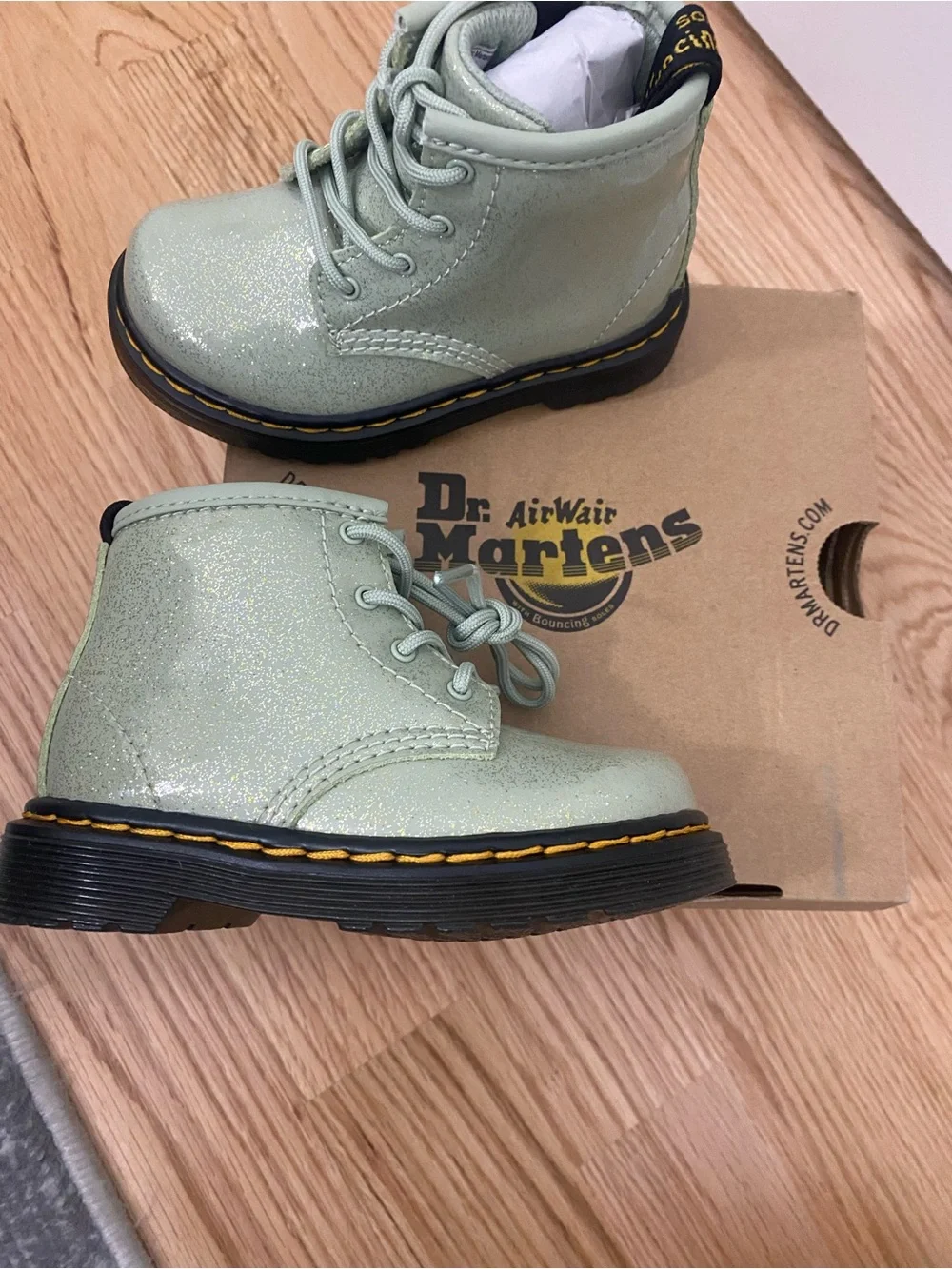 Dr. Martens Kids Mint Green Glitter Lace-Up Boots